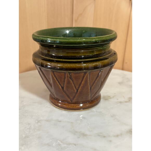 Antique Early McCoy Pottery Blended Brown Green V Design Jardiniere - Picture 1 of 9